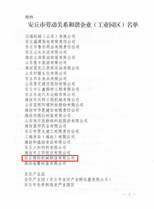 祝賀博陽(yáng)機械被評為“安丘市勞動(dòng)關(guān)系和諧企業(yè)”